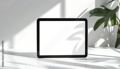 A sleek black tablet sits on a white surface with a plant beside it.