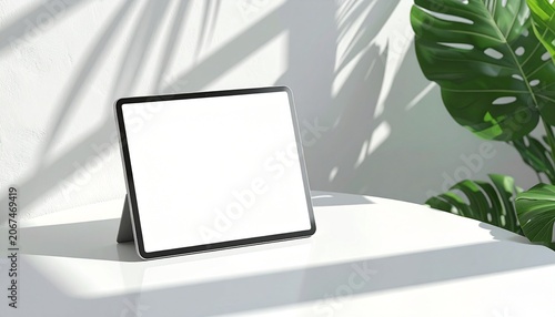 A tablet with a blank screen sits on a table beside a plant.