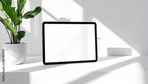 A tablet with a plant and speaker on a white shelf indoors.