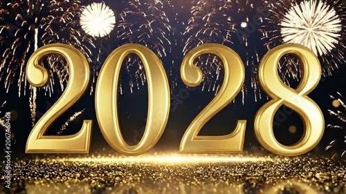Happy New Year 2028 golden numbers with fireworks celebration background. Festive holiday greeting, midnight party countdown, and luxury gold glitter bokeh concept.