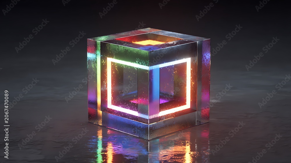 Obraz premium Glowing futuristic glass cube with vibrant neon light effects.