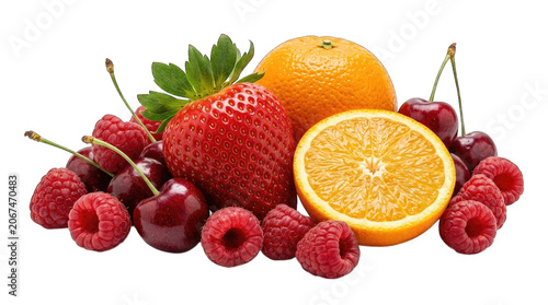 Fresh fruit arrangement strawberries raspberries cherries and orange on black background