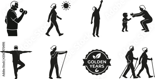 Collection of active aging icons featuring senior citizens exercising doing yoga walking and strength training for healthy lifestyle concepts