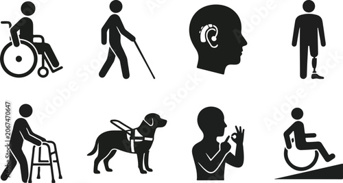 Collection of disability and accessibility icons featuring wheelchair users guide dog hearing aid and sign language for inclusive design projects