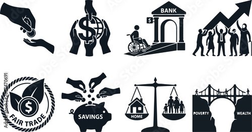 Collection of flat black and white icons for financial inclusion social equity economic growth fair trade and poverty alleviation symbols