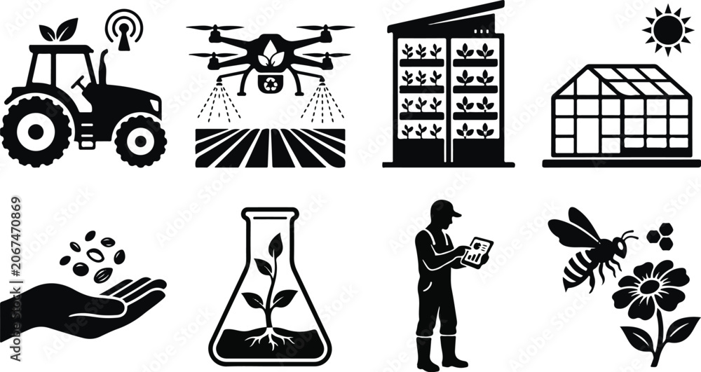 Fototapeta premium Comprehensive collection of smart agriculture and agritech icons featuring drones vertical farming biotechnology automated tractors and digital farming solutions