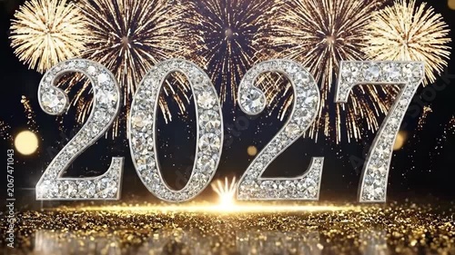 Happy New Year 2027 diamond text with fireworks celebration background. Luxury silver crystal numbers. Festive holiday greeting. Midnight party countdown and golden glitter bokeh concept.