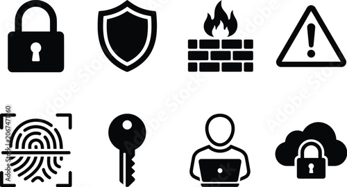 Cybersecurity icon set padlock shield firewall warning fingerprint key laptop cloud security