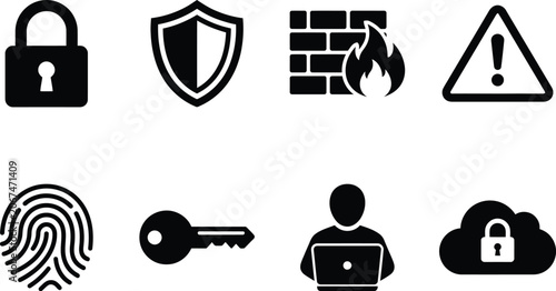 Cybersecurity icon set padlock shield firewall warning fingerprint key user cloud