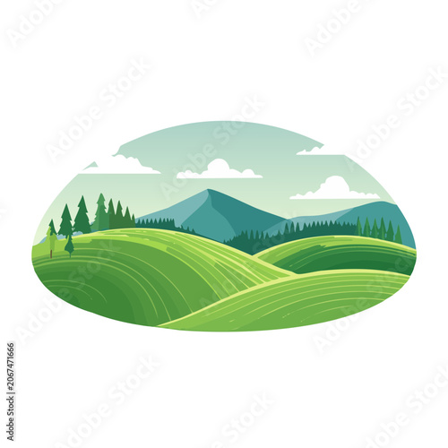 Stylized Rolling Green Hills Landscape with Mountains and Trees