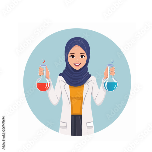 Woman scientist in hijab holding laboratory flasks with colorful