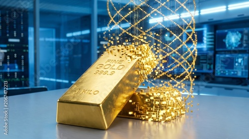Gold Bar Transforming Into Digital Voxel Grid