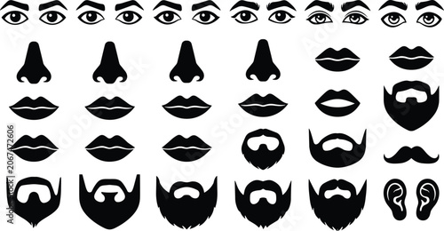 Vászonkép Black Silhouette Icons of Facial Features and Hair for Character Creation face e