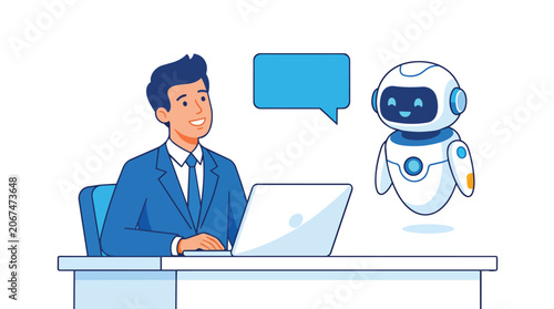 Artificial intelligence assistant collaborating with businessman in clean flat vector style for tech innovation