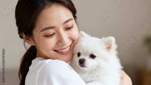 Woman holding a small white dog