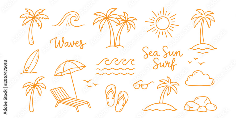 Obraz premium Set of cute summer beach icons with palm trees sun and surfboard in colorful line art style