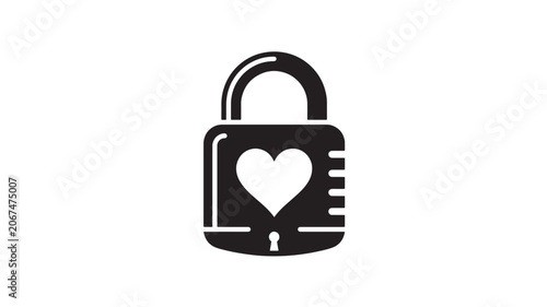 A black silhouette of a security lock with a heart inside on a white background.