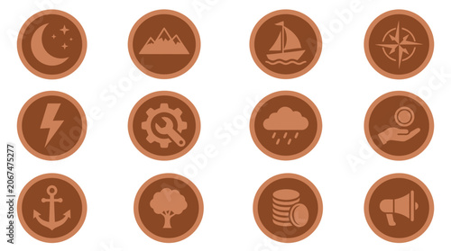 Canvastavla A collection of 12 circular icons depicting various symbols and objects on a whi