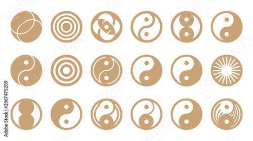Obraz na płótnie A collection of various circular yin yang symbols and abstract designs on a whit