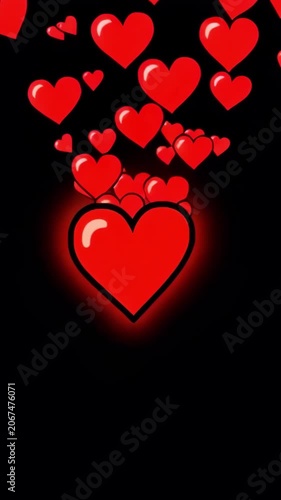 Floating red hearts on a black background, vertical video featuring romantic love symbols, elegant motion, glowing atmosphere and Valentine's Day concept