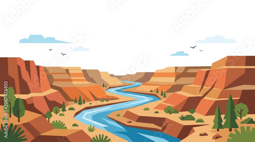 Vibrant flat design illustration showcasing a dramatic canyon panorama with a sparkling river, lush vegetation, and clear skies, ideal for a serene Colorado day