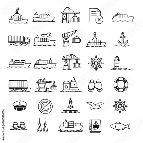 Cargo Port Line Icon Set - Ship, Crane, Container Vector Icons for Maritime and Shipping Logistics