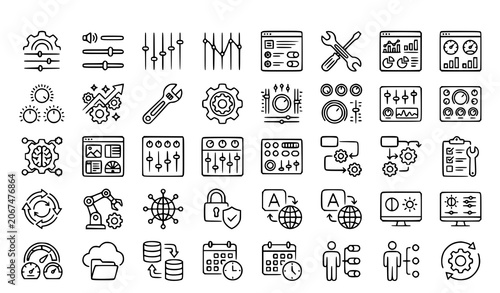 Vászonkép Settings Line Icons Set with Configuration Preferences Control Panel and Editabl