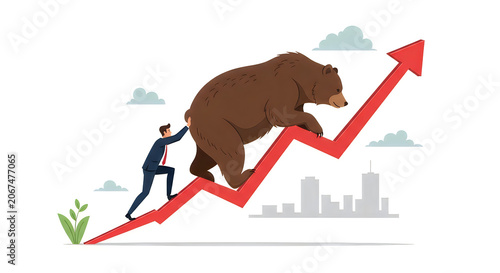 Businessman and bear on growing stock market graph