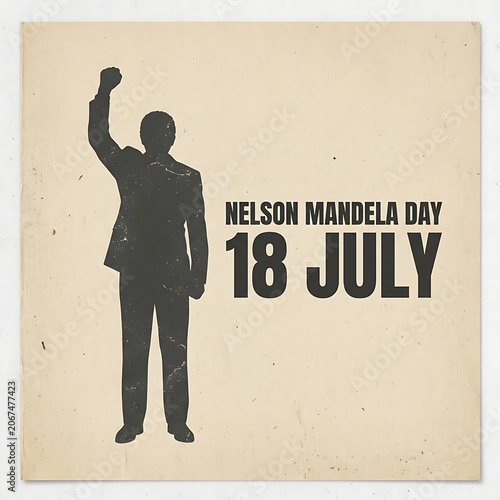 Minimalist Nelson Mandela Day graphic featuring a powerful raised fist silhouette on a textured retro paper background.