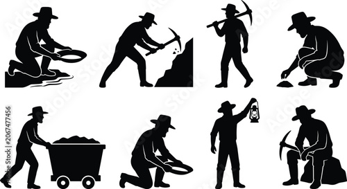 Foto Silhouette illustration of miners and gold prospectors performing traditional pa