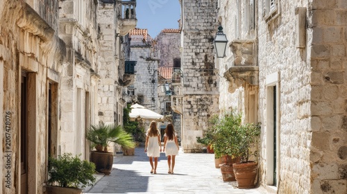 Serene mediterranean stroll: women exploring historic stone alleyways in summer