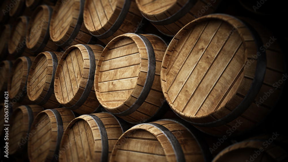 Fototapeta premium Wine cellar with stack of wooden barrels. 3D illustration
