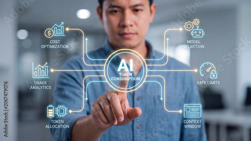 AI token consumption concept for artificial intelligence resource management including cost optimization usage analytics model selection rate limits and context window management
