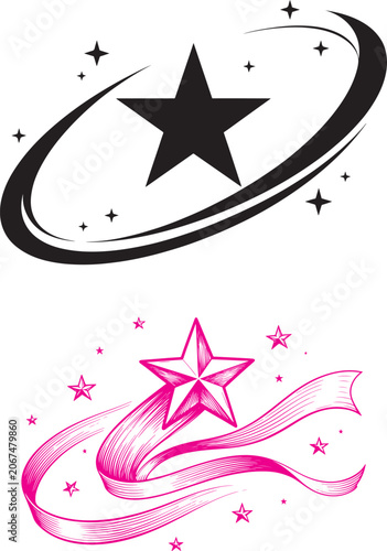 Black and pink shooting star vector icons with orbital swoosh and ribbon tail graphic design elements