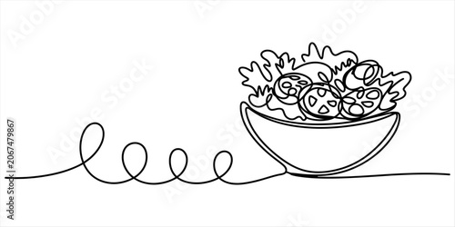 Simple continuous line drawing of a fresh salad in a bowl with a decorative swirl element Vector, illustration
