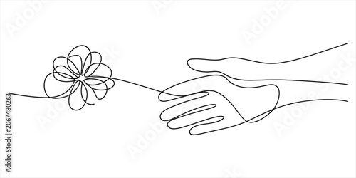 Hand offering a flower in a single continuous line drawing style Vector, illustration