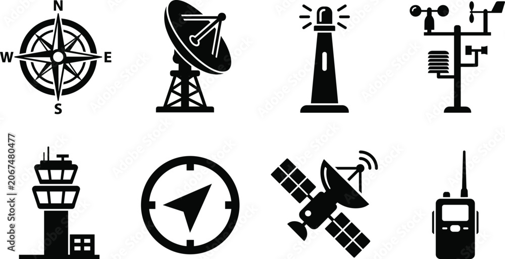 Naklejka premium Navigation and communication technology icon set with radar satellite and lighthouse silhouettes isolated on white background