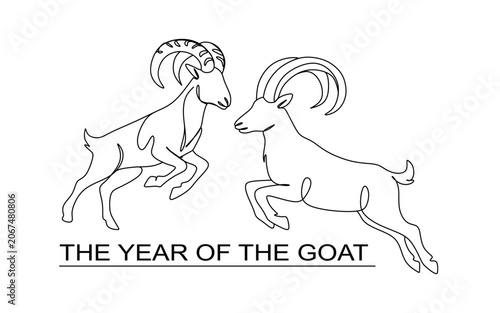 Continuous One Line Drawing  Goat  Chinese New Year 2027 oriental zodiac animals  horned lunar symbols  black outline collection isolated on beige  textured flat Vector illustration