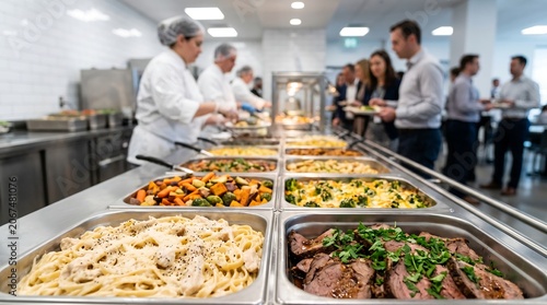 Food service manager and culinary staff preparing a buffet line for professional office workers, concept for business lunch event, corporate catering services and company cafeteria menu