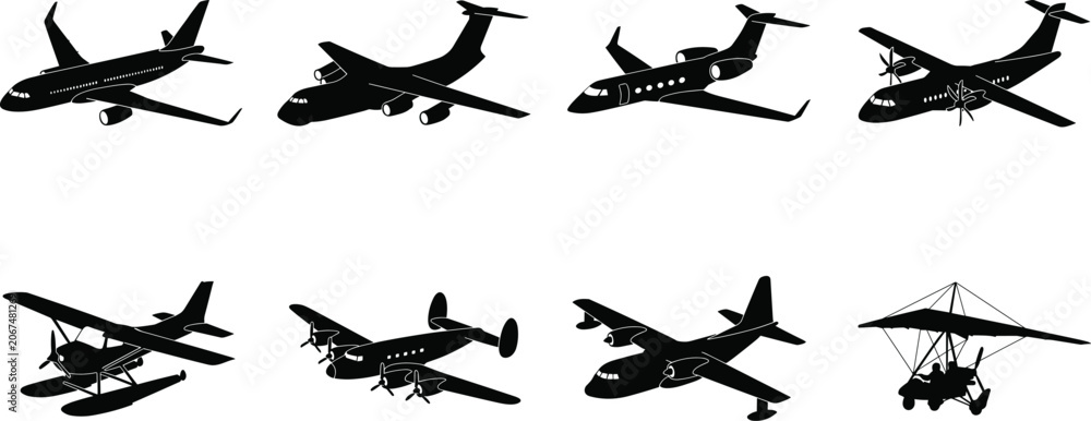 Fototapeta premium Set of black airplane silhouettes isolated on white background for commercial and aviation design elements