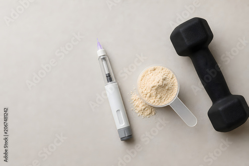 Weight loss injection with protein and dumbbell