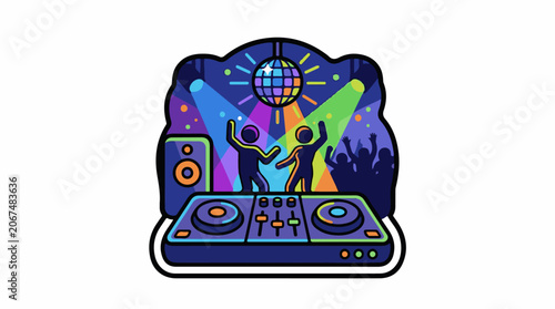 A colorful illustration of a DJ booth with a crowd and a disco ball