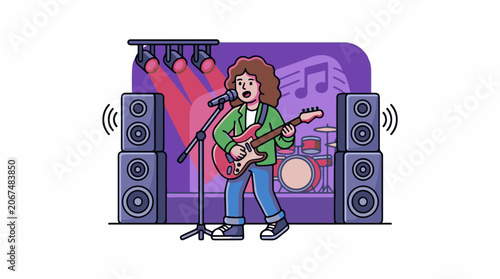 A cartoon musician plays guitar on stage with speakers and drum set
