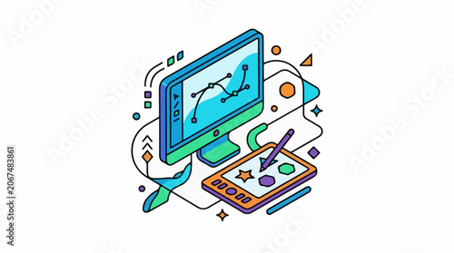 Colorful graphic illustration of computer monitor, graphics tablet, and design elements