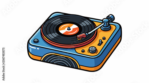 A blue and orange vinyl record player with a black record