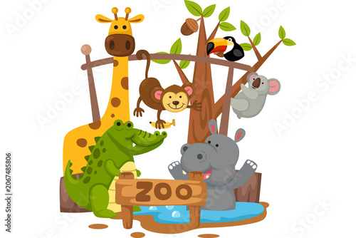 Photography Wild animals collection with zoo sign and pond crocodile wildlife illustration c