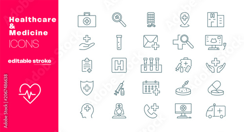 Healthcare and medicine line icon set, editable stroke