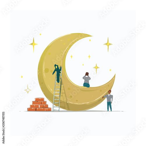 People building and reaching for the moon and stars