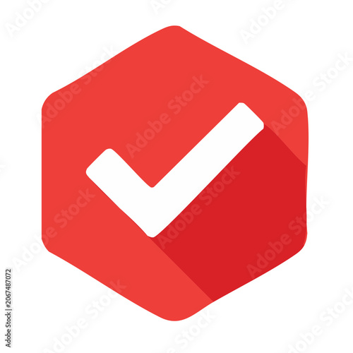 Red hexagon with white check mark, flat design icon