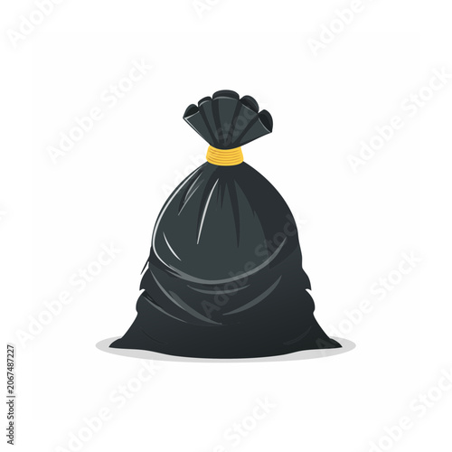 Black trash bag with yellow tie on white background